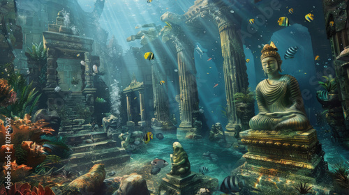 A buddha statue resting on the ocean floor, surrounded by marine life and coral in an underwater setting