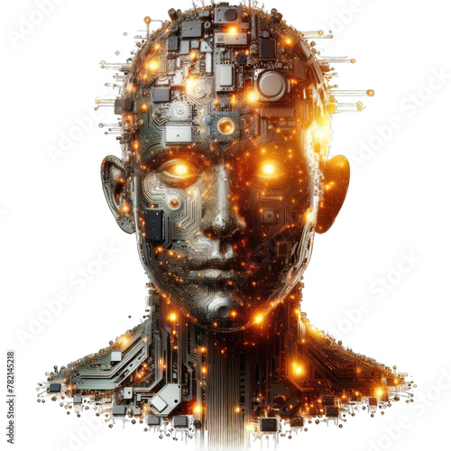 Man's face is made of electronic components and is lit up with bright lights. Concept of technology and innovation, as well as futuristic or sci-fi vibe. Use of bright colors. Isolated object © SerPak
