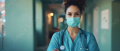 Dedicated Nurse in Blue Scrubs Ready for Home Visits. Concept Healthcare Professional, Nurse Visits, Home Care Services, Blue Scrubs, Compassionate Care photo