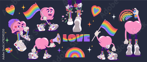 Vector set of LGBTQ community symbols with rainbow flag colored elements, pride symbols, heart characters. Pride month aesthetic. Gay parade groovy celebration. Illustration.