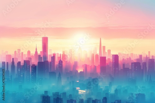 Colorful realistic cityscape landscapes with light azure and pink and clouds. Sunlight. Soft
