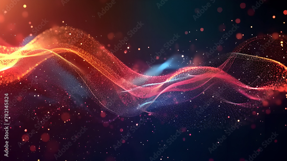 Wave of bright particles, 3d rendering of abstract technology background with connecting dots and lines, Network concept, Abstract digital background, Fluid Network Lights
