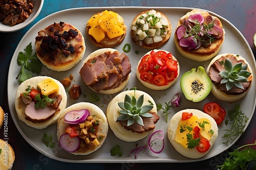 A colorful spread of English muffins topped with succulent, jerked pork and a variety of vibrant, fresh toppings.