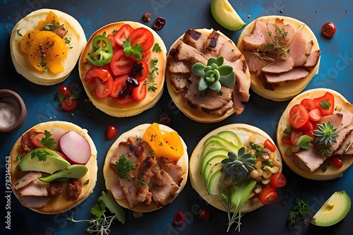 A colorful spread of English muffins topped with succulent, jerked pork and a variety of vibrant, fresh toppings.
