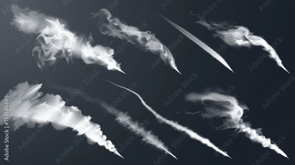 An illustration of realistic smoke trails set isolated on a transparent background. Condensation lines of aircraft in the sky, rocket trails, space missions, and aviation speeds. - obrazy, fototapety, plakaty 