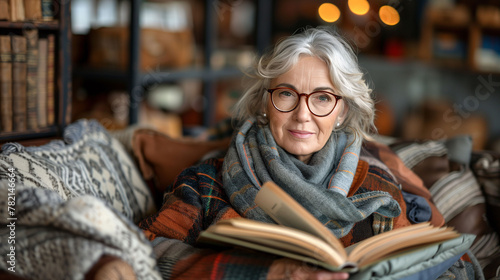 Elegant senior woman with glasses, wrapped in a cozy scarf, reading a book in a warm, inviting home library setting.