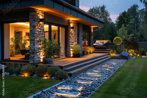 villa in the country with a wooden terrace and green grass, yellow lights photo