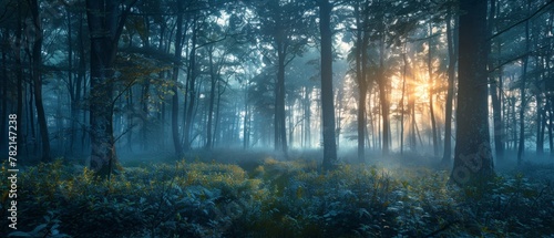 Misty forest with sunbeams filtering through the trees