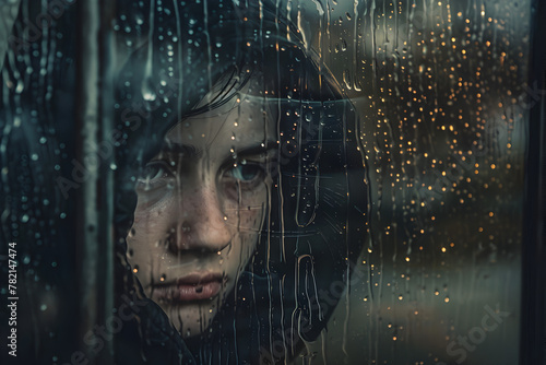 Close-up of a contemplative person's face behind a raindrop-covered window, with a moody, blurred background, conveying a sense of introspection or melancholy.