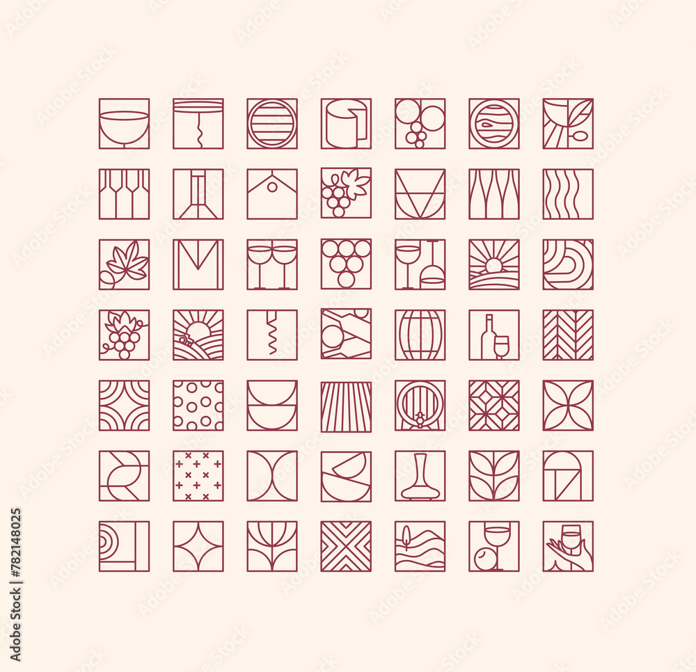 Wine art deco icons drawing in flat line style drawing on light background.