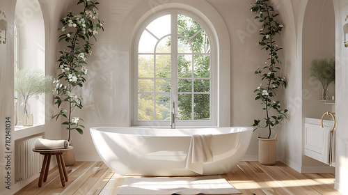 Bright  airy bathroom with a freestanding bathtub  wooden floors  and green plants climbing the walls  with a large arched window providing natural light.