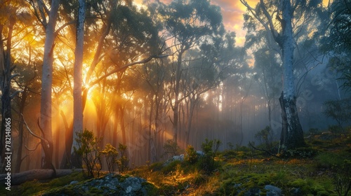 Sunrise piercing through the trees in a foggy forest