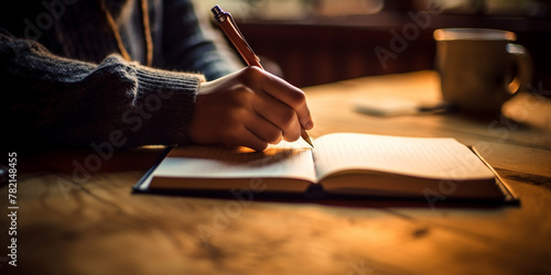 person writing in notebook, A image of an open notebook and pen placed on a coffee table, suggesting a moment of reflection or journaling during leisure time © jhon