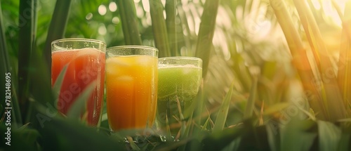 some refreshing glass cups of juice. surrounded by sugarcane photo