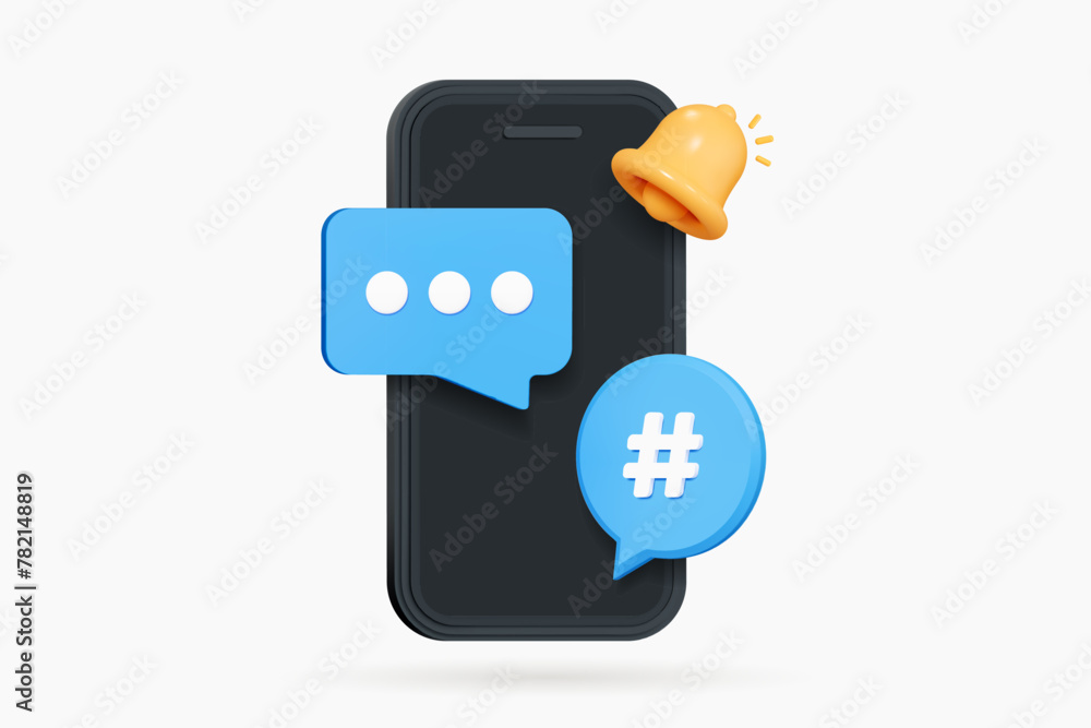 3D Mobile phone with speech bubble message and bell notification. Online communication. Comments thread mention or user reply. Social media chat. Cartoon creative design icon. 3D Vector illustration 3D Mobile phone with speech bubble message and bell notification. Online communication. Comments thread mention or user reply. Social media chat. Cartoon creative design icon. 3D Vector illustration