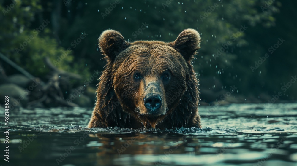 Brown bear emerging from water, droplets cascading, intense gaze Brown bear emerging from water, droplets cascading, intense gaze