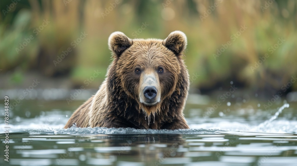 Brown bear emerging from water, droplets cascading, intense gaze Brown bear emerging from water, droplets cascading, intense gaze