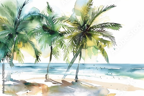 Watercolor Tropical Beach with Palms