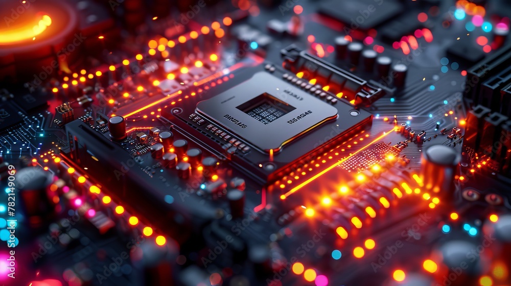 Close-up of a modern GPU card with circuitry and colorful lights 3D rendering