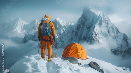Adventurous hiker standing on a snowy mountain ridge admiring the majestic peaks
