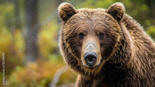 Bear head portrait with a rain-soaked background, close-up