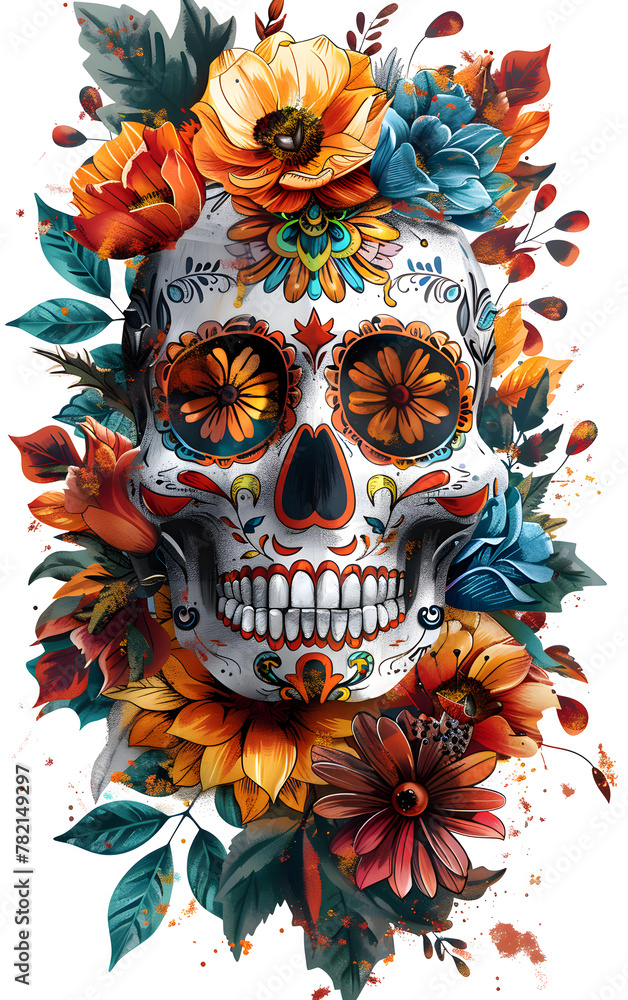 Skull bone adorned with vibrant flowers and leaves in a painting