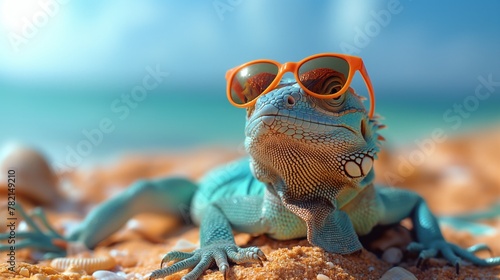 Cute gecko lizard with sunglasses relaxing on the beach