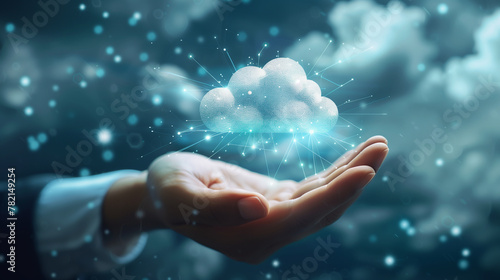 A hand is holding a cloud in the air. The cloud is made of small dots and he is floating. Concept of wonder and awe at the beauty of nature and the power of technology