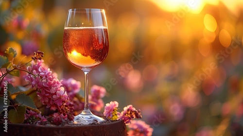 Relaxing Glass of Wine with Summer Flowers at Sunset