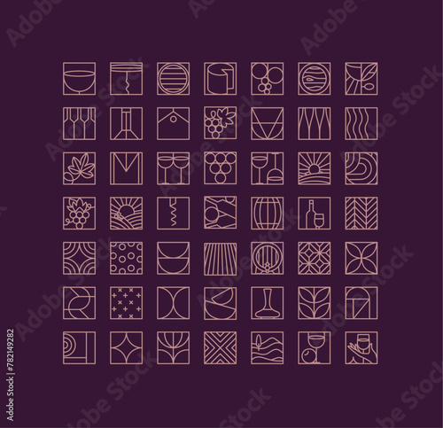 Wine art deco icons drawing in flat line style drawing on violet background.