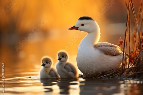 Mandarin duck with ducklings at twilight