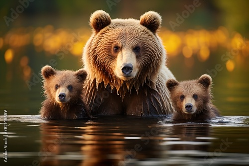 Mother bear with cubs swimming in a lake