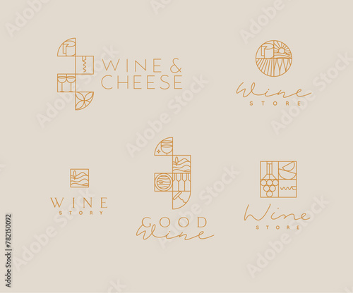 Wine art deco lettering labels drawing in linear style on beige background