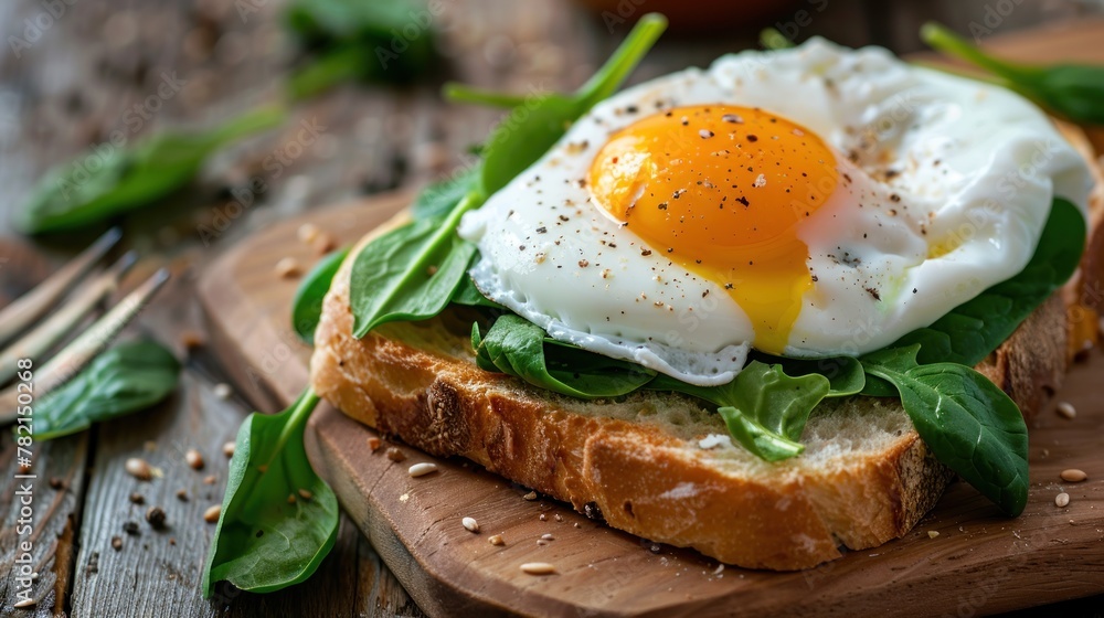 Poached egg on a piece of bread with spinach Poached egg on a piece of bread with spinach