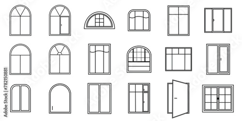 Vector set with windows for houses. Line icons windows for use in your design. Icons set of windows different types. Windows for the veranda.