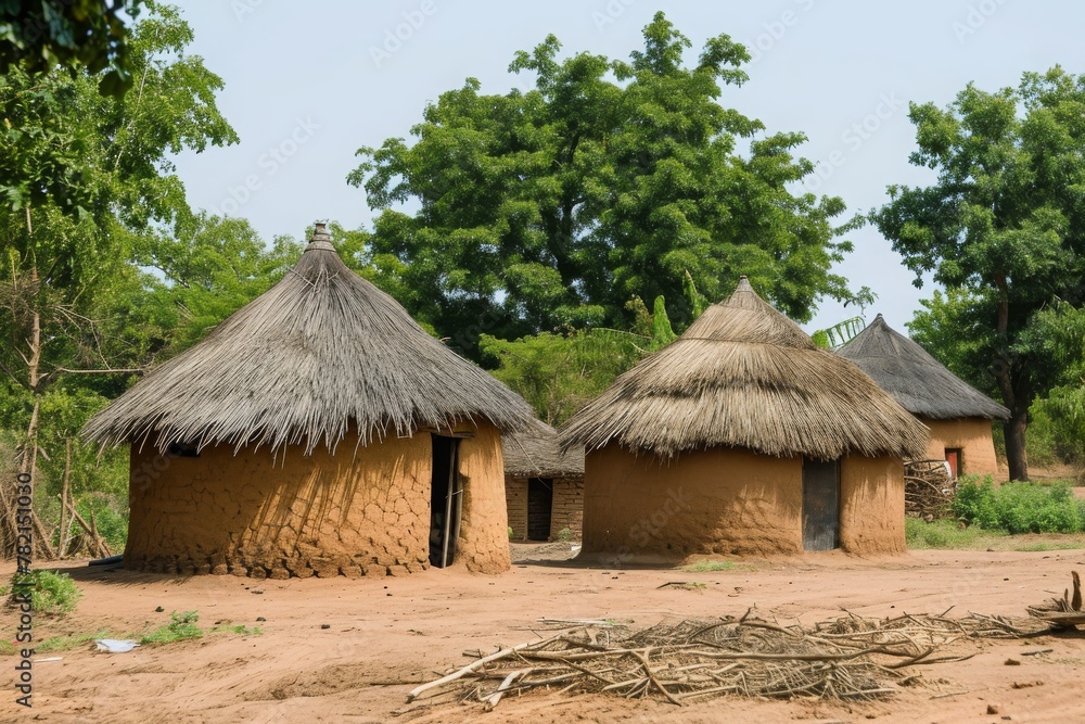 A photo featuring a dirt field with a couple of huts, showcasing the simple dwellings on a rustic landscape, A traditional African mud hut village, AI Generated