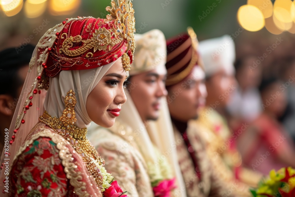 A gathering of individuals wearing outfits typically worn at weddings, posing for a photograph, A traditional Islamic wedding ceremony, AI Generated