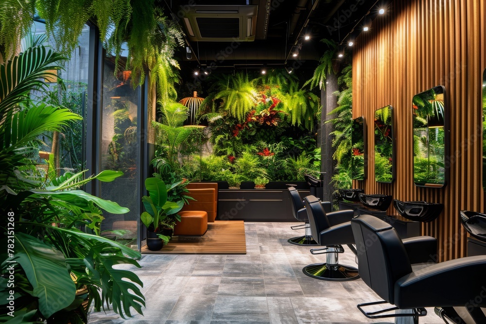 Obraz premium A hair salon filled with lush green plants and numerous chairs for clients, A tranquil ambiance of a luxury hair spa, with lush plants and calming music, AI Generated