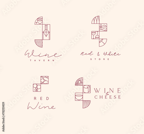 Art deco wine labels with lettering drawing in linear style on light background