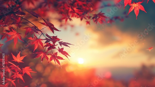 Red autumn leaves with sun set in the background AI generated photo