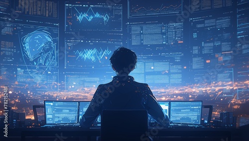 A man is looking at the computer screen, surrounded by data and code. 