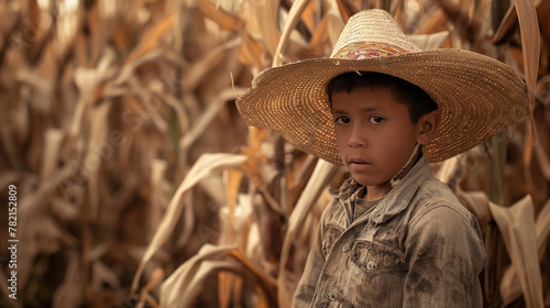 Garoto com chapéu na plantação de milho  photo