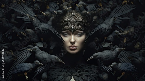 woman dressed in black with birds photo