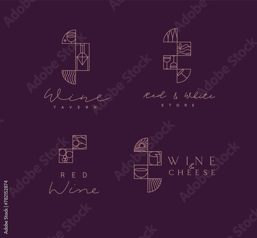 Obraz na płótnie Art deco wine labels with lettering drawing in linear style on violet background w salonie