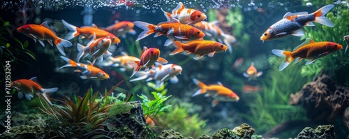 Multicolored school of koi fish inside a clear water. © Heremie