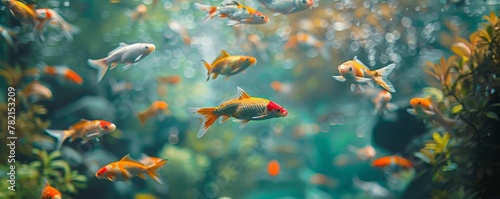 Multicolored school of koi fish inside a clear water aquarium.