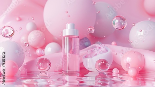 Background with glossy water bubbles and a fashion beauty stand. 3d rendering.