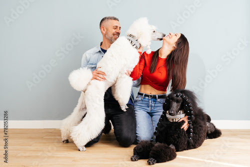 Wallpaper Mural Smiling Man and Woman Sitting With Two Poodles, One poodle Licking the Womans Face. Torontodigital.ca