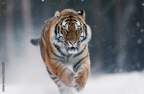Tiger running through deep snow in a harsh winter landscape. Tiger in wild winter nature