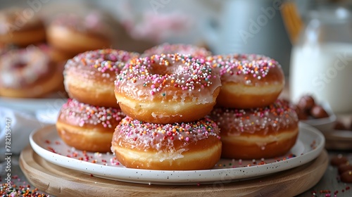 a stack of doughnuts with sprinkles on a plate with a glass of milk in the background